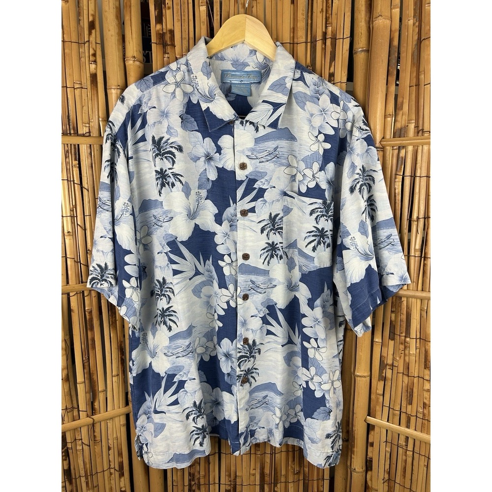 Bermuda Bay 100% Silk Hawaiian Shirt‎ Blue White Short Sleeve Button Up Size 2XL